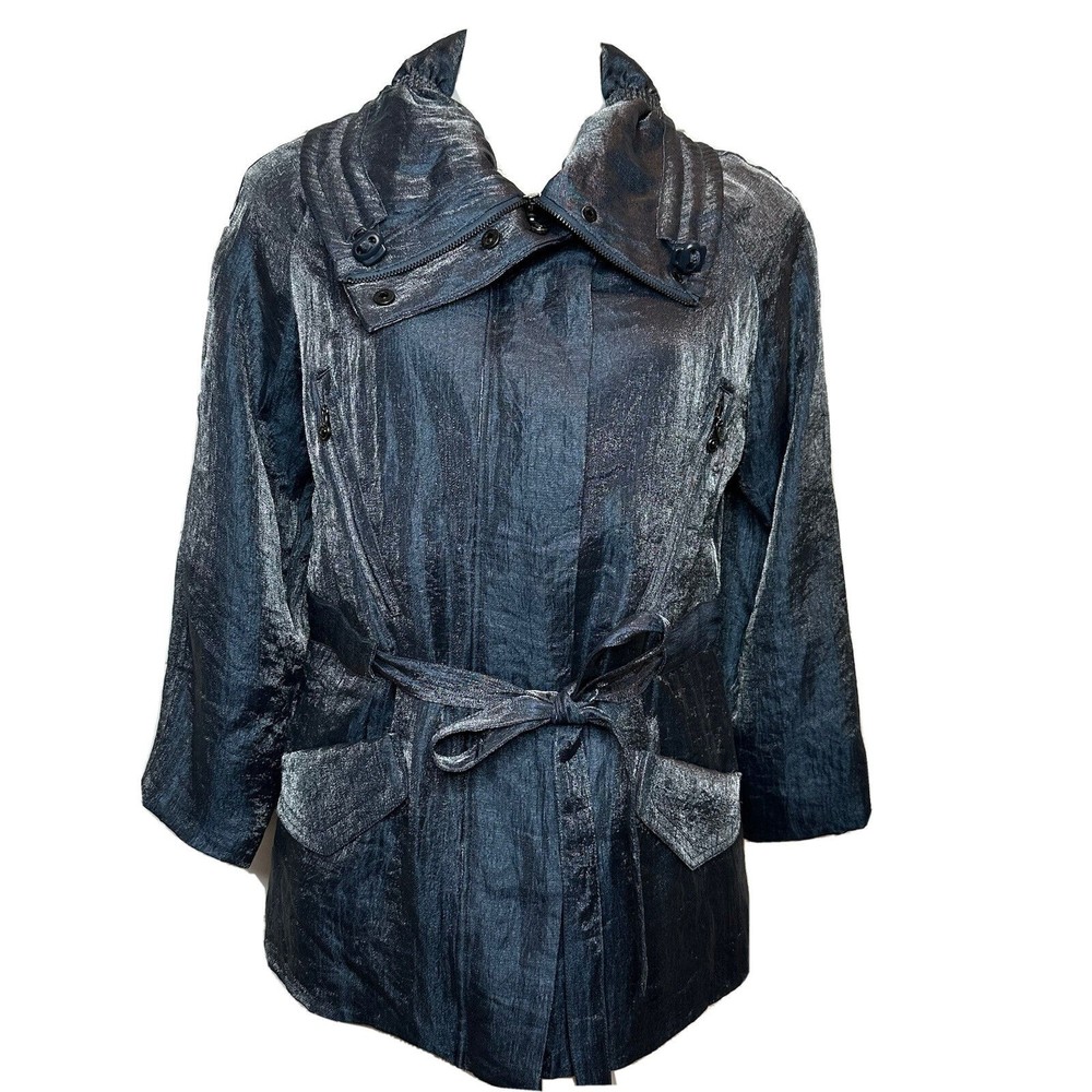 Samuel Dong Coat SMALL Silver Metallic Trench Coat Jacket Zipper Tie Snaps